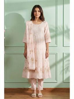 Aurelia - Women's Pink Embroidered Jacquard Flared Kurta with Trouser and Dupatta Set