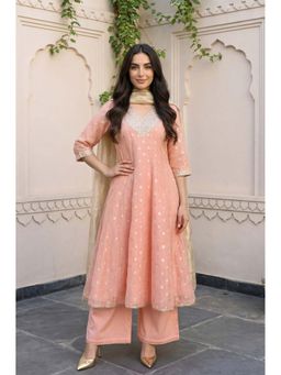 Aurelia - Women's Peach Foil Printed Jacquard Anarkali Kurta with Palazzo and Dupatta Set