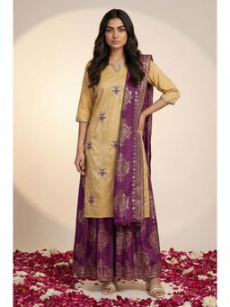 Aurelia - Gold-Purple Embroidered Kurta with Palazzo and Dupatta