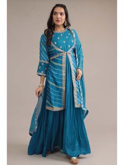 Zari Jaipur - Blue Embroidered Leheriya Flared Kurta with Jacket and Dupatta