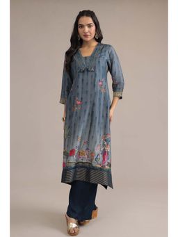 Zari Jaipur - Grey Floral Printed Kurta with Palazzo