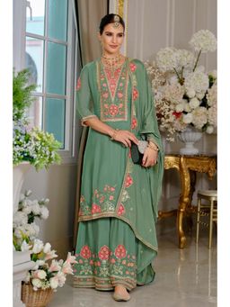 JATRIQQ - Green Floral Embroidered Kurta with Palazzo and Dupatta