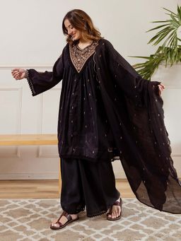 Label Madhuri Thakkar - Black Embroidered Kurta with Palazzo and Dupatta