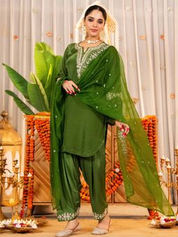 Label Madhuri Thakkar - Green Organza Embroidered Zardozi Kurta with Salwar and Dupatta