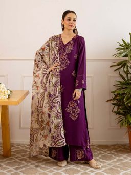 Label Madhuri Thakkar - Purple Floral Hand Embroidery Kurta with Palazzo and Dupatta