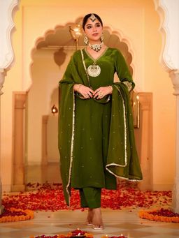 Label Madhuri Thakkar - Ruhani Olive Embroidered Kurta with Pant and Dupatta
