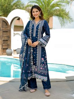 Label Madhuri Thakkar - Navy Blue Floral Embroidered Kurta with Pant and Dupatta