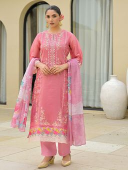 Label Madhuri Thakkar - Pink Floral Embroidered Kurta with Pant and Dupatta