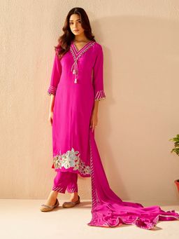 Label Madhuri Thakkar - Magenta Floral Gotta Patti Kurta with Pant and Dupatta