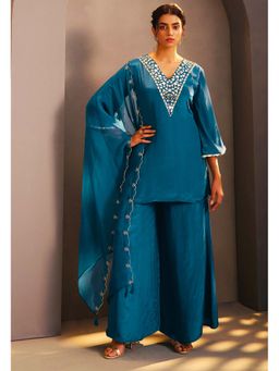 Label Madhuri Thakkar - Teal Solid Mirror Glow Kurti with Palazzo and Dupatta