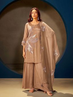 Label Madhuri Thakkar - Beige Floral Embroidered Kurti with Palazzo and Dupatta