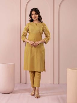 STUDIO MISRI - Mustard Floral Embroidered Kurta with Pant