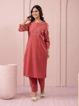 STUDIO MISRI - Coral Floral Embroidered Kurta with Pant