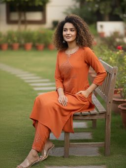 Varanga - Orange Embroidered Mirror Work Co-Ord Set