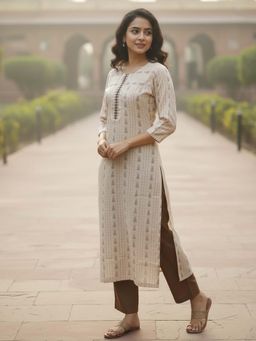 Varanga - Beige Woven Embroidered Kurta with Pant