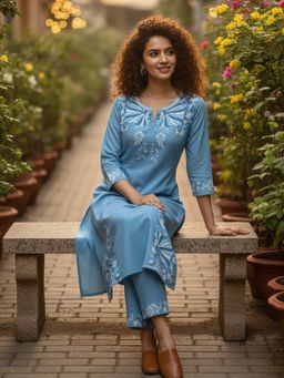 Varanga - Light Blue Floral Embroidered Kurta with Pant