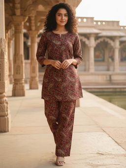 Varanga - Maroon Paisley Printed Kurta Straight-Fit Co-Ord Set
