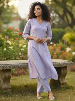 Varanga - Lavender Printed Mirror Work Straight Kurta with Pant