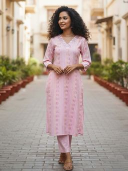 Varanga - Pink Printed Mirror Work Straight Kurta with Pant