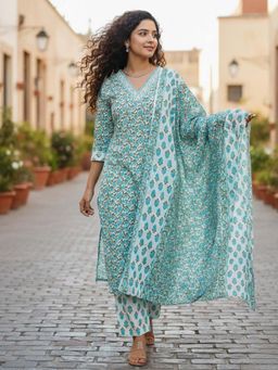 Varanga - Sky Blue Floral Printed Kurta with Pant and Dupatta