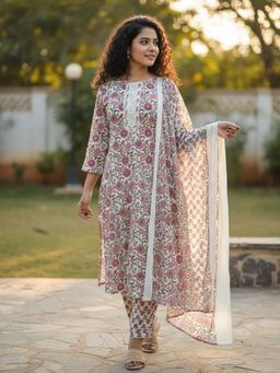 Varanga - Rose Pink Floral Printed Kurta with Pant and Dupatta