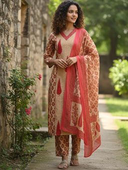 Varanga - Beige-Red Floral Printed Straight Kurta with Pant and Dupatta
