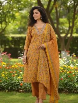 Varanga - Mustard Floral Printed Straight Kurta with Pant and Dupatta