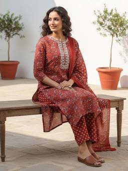 Varanga - Rust Floral Printed Straight Kurta with Pant and Dupatta