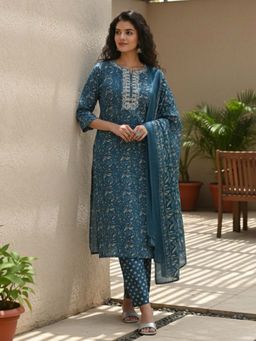 Varanga - Teal Floral Printed Straight Kurta with Pant and Dupatta