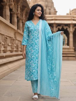 Varanga - Blue Floral Printed Straight Kurta with Pant and Dupatta