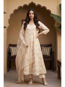 W - Cream Jacquard Floral Woven Anarkali Kurta with Pant and Dupatta