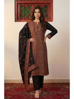 W - Black Ethnic Motifs Jacquard Straight Kurta with Pants and Dupatta Set