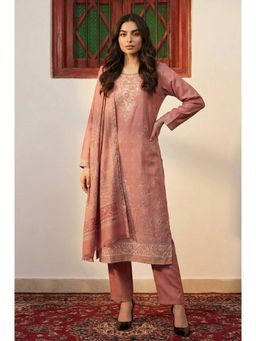 W - Pink Jacquard Straight Winter Kurta with Pants and Dupatta Set