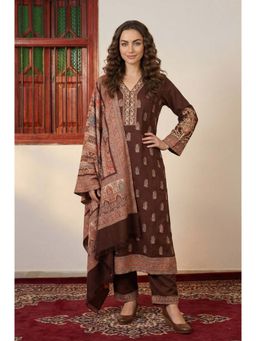 W - Coffee Brown Ethnic Motifs Thread Work Straight Kurta with Pants and Dupatta Set
