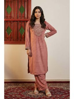 W - Pink Solid Embroidered Straight Kurta with Flared Pants and Dupatta Set