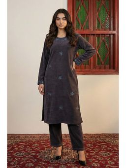 W - Charcoal Thread Embroidered Straight Velvet Kurta with Pants and Dupatta Set