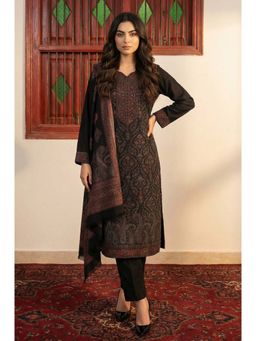 W - Black Paisley Yarn Dyed Winter Straight Kurta with Pants and Dupatta Set