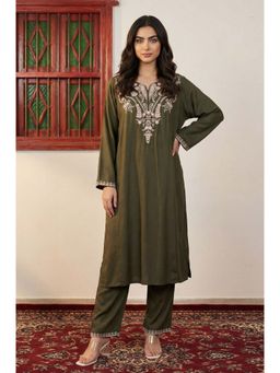 W - Olive Thread Embroidered Straight Kurta with Pants Set