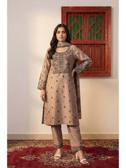 W - Beige Floral Printed Jacquard Straight Winter Kurta with Pants and Dupatta Set