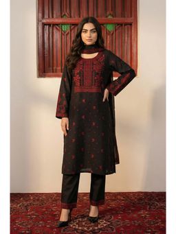 W - Black Floral Printed Jacquard Straight Kurta with Pants and Dupatta Set