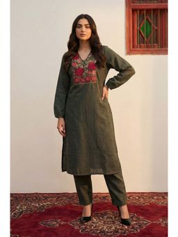 W - Olive Thread Embroidered Straight Winter Kurta with Pants and Dupatta Set