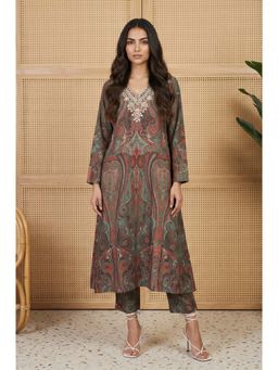 W - Green Paisley Mettalic Embroidered Pashmina Shimmer Anarkali Kurta with Straight Pants Set