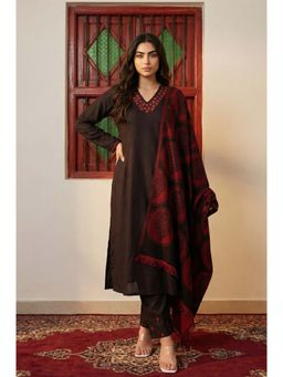 W - Brown Solid Embroidered Straight Winter Kurta with Pants and Dupatta Set