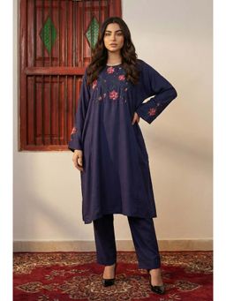 W - Navy Blue Thread Embroidered Straight Kurta with Pants Co-ord Set