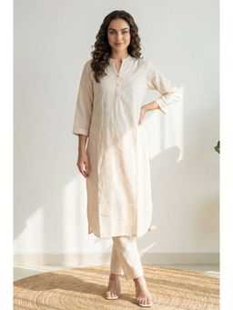 W - Off White Chikankari Rayon Straight Kurta with Pants Co-ord Set