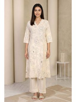 W - Off White Floral Printed Thread Work Pure Cotton Straight Kurta with Pants Set