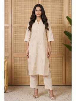 W - Beige Floral Printed Buttons Cotton Blend Straight Kurta with Pants Set
