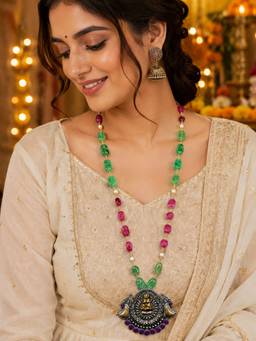 Digital Dress Room - Navaratri Colourful Stone Beaded Necklace With Oxidised Lakshmi Pendant Jewellery