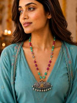 Digital Dress Room - Navaratri Beaded Long Necklace With Oxidised Silver Floral Pendant