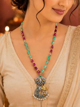 Digital Dress Room - Pink Green Beaded Long Necklace With Oxidised Lord Ganesha Pendant For Navaratri